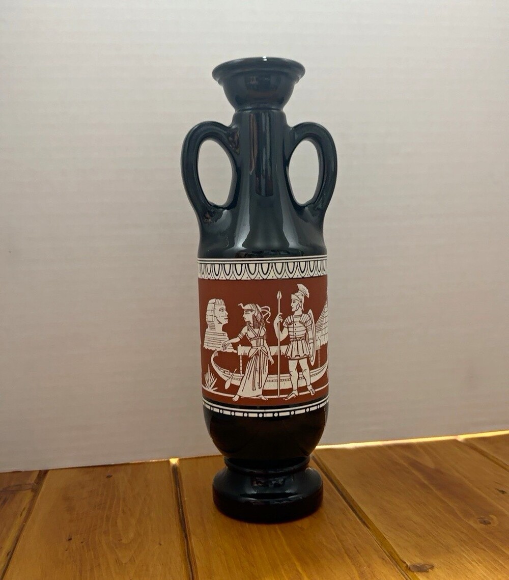 Vintage 12” Egyptian Revival Greek Amphora Vase Sphinx Double Handle Black
